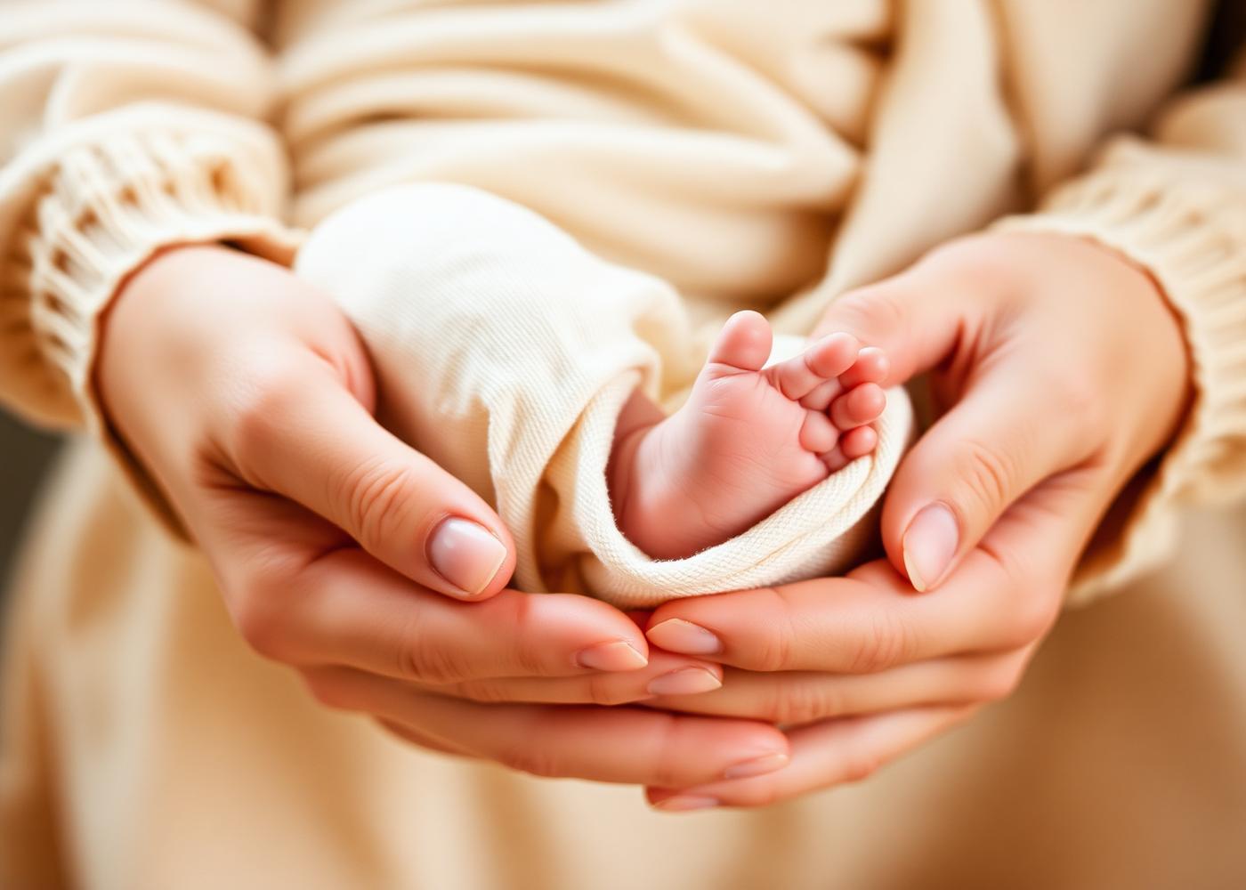 Petits pieds de bébé dans les mains de sa maman