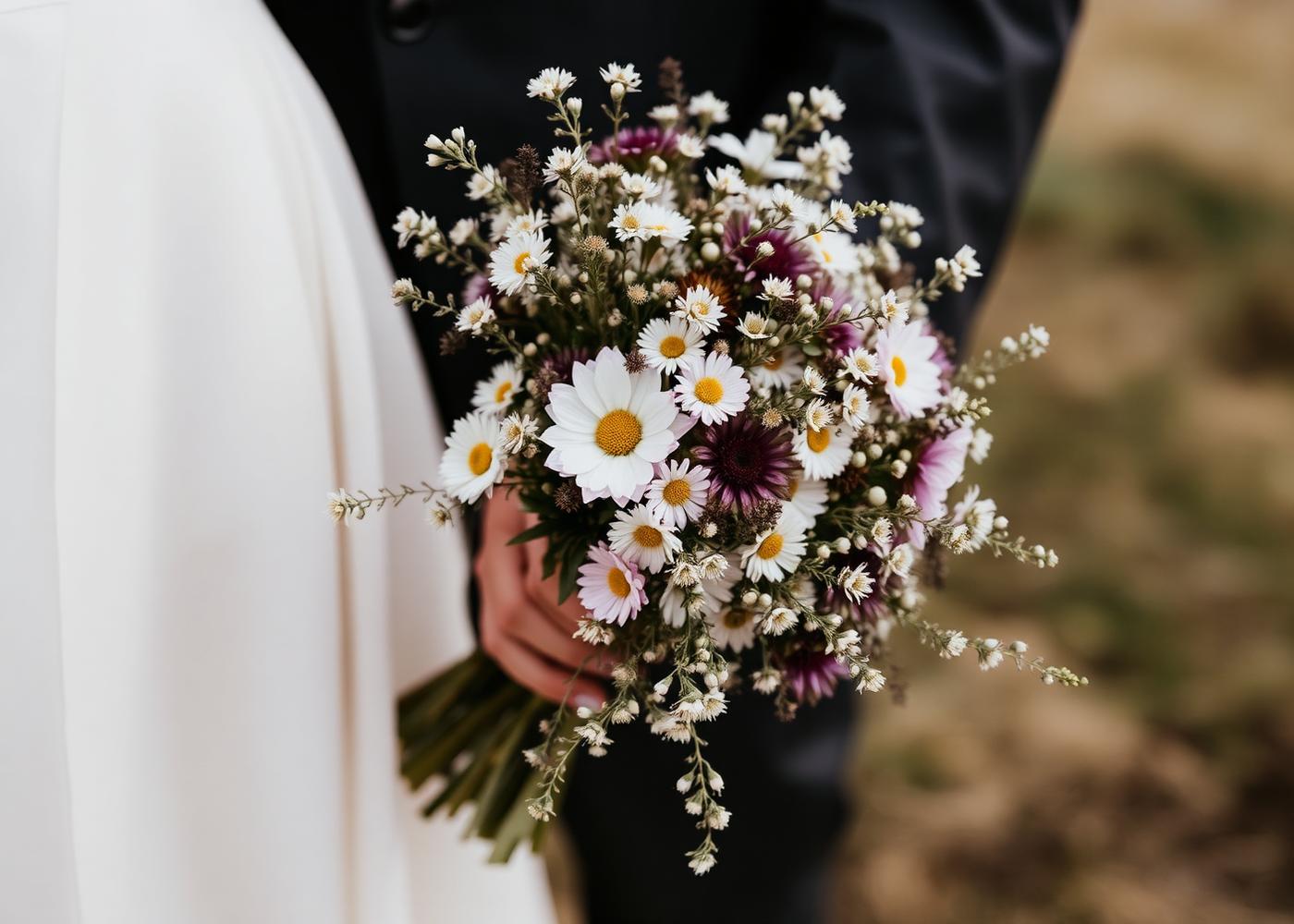 Détail du bouquet de fleurs sauvages de la mariée