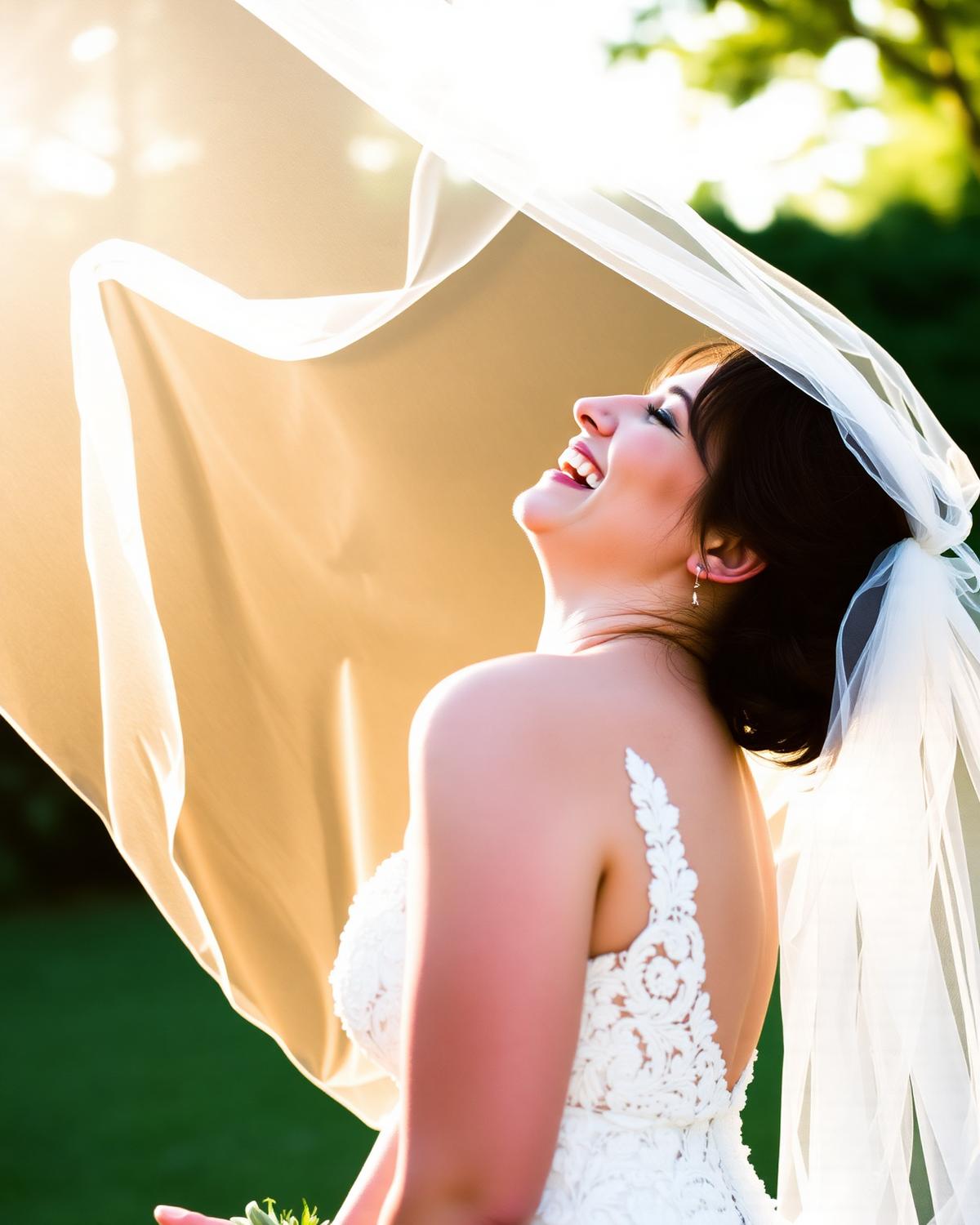 Mariée qui rit sous son voile porté par le vent