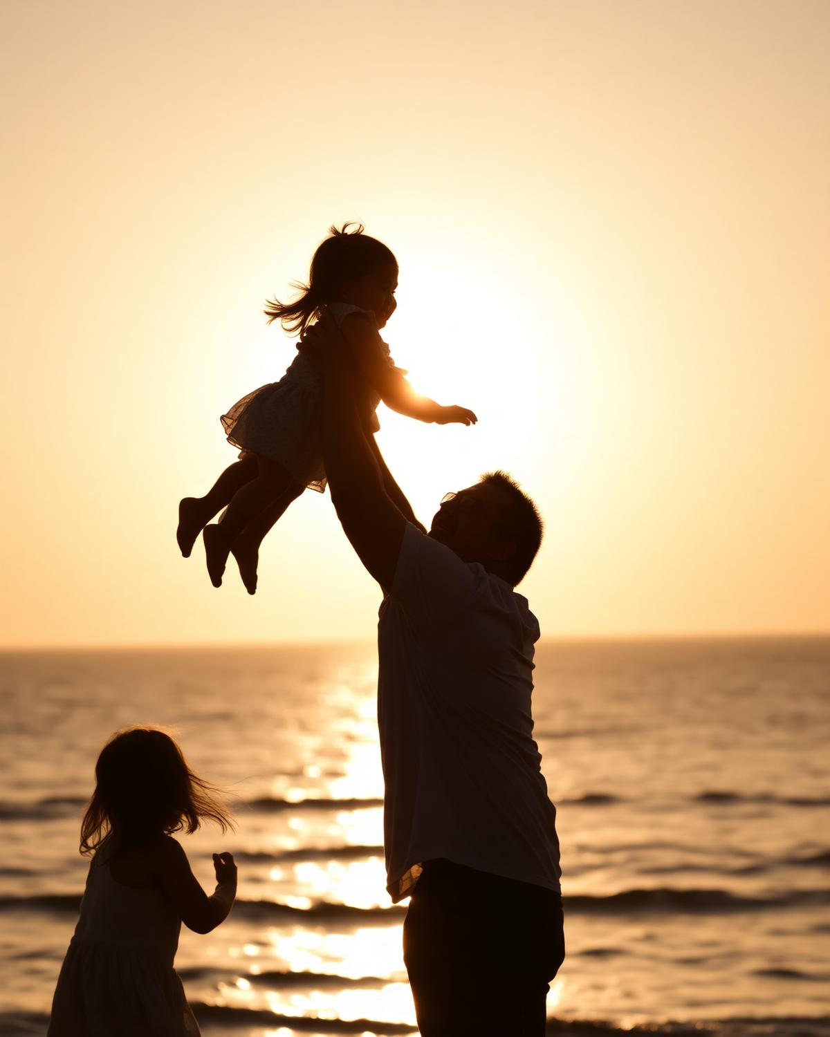 Papa qui soulève sa fille en l'air, silhouette dorée face à la mer