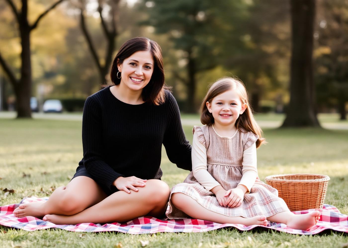 Maman et sa fille assises sur un plaid dans un parc