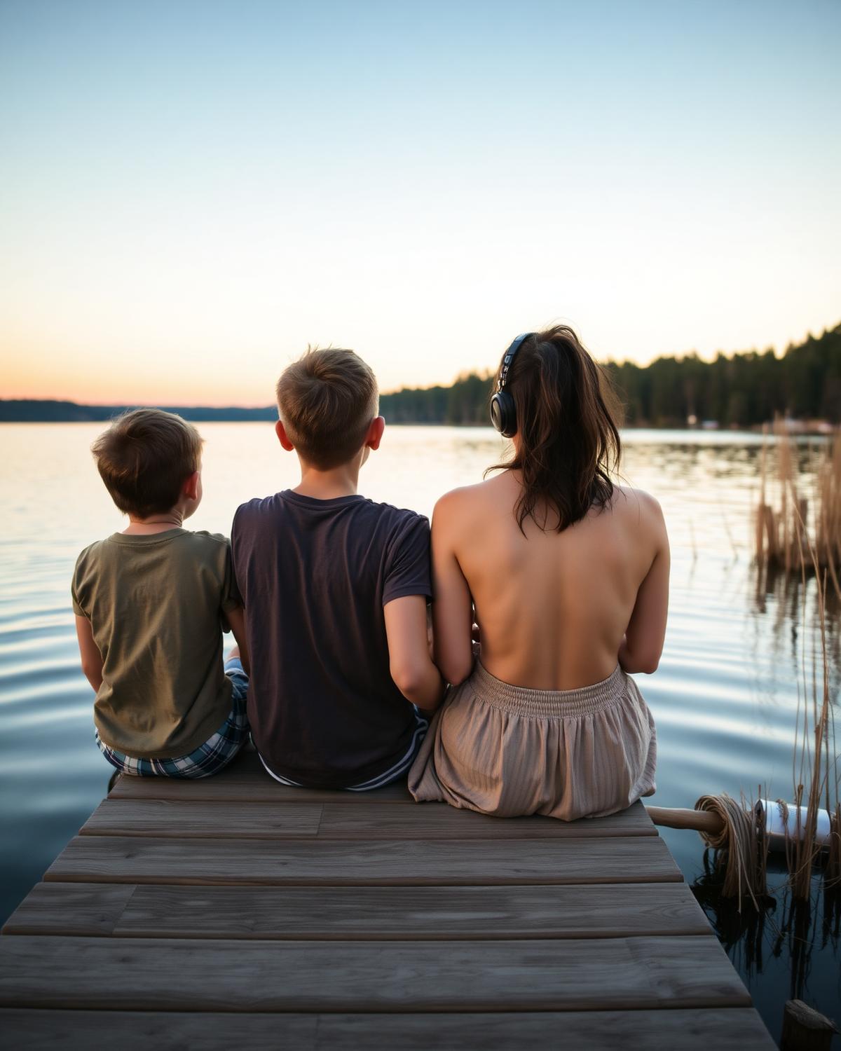 Famille assise au bord de l'eau, dos à l'objectif